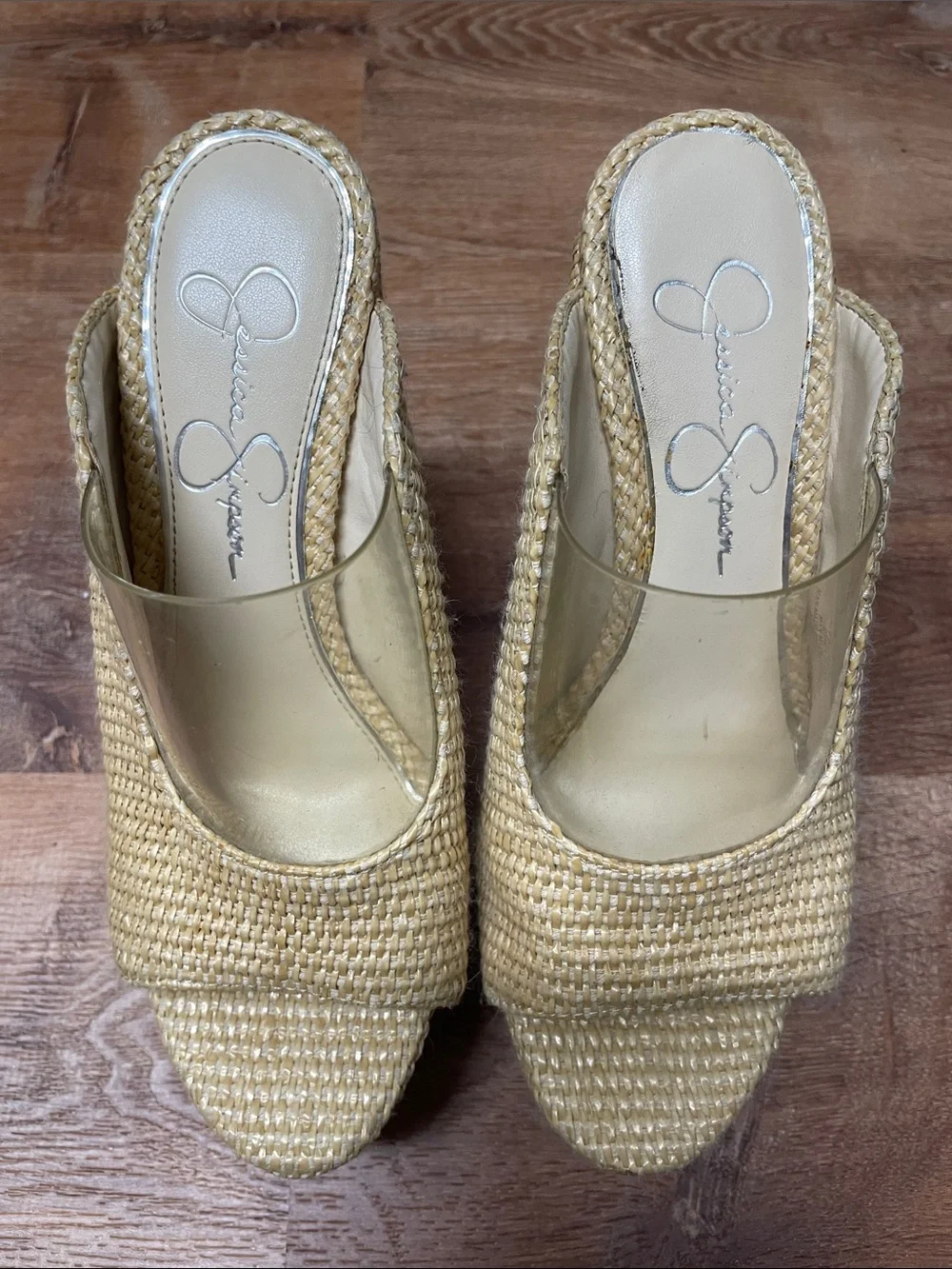 Jessica Simpson Natural Woven Platform Mules with Clear Strap